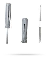 cross screwdriver with a black plastic handle vertically on a white isolated background. Hand tools and accessories.