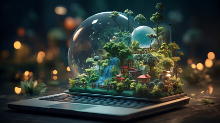 Showcasing environmental social governance ESG on an eco-friendly laptop with businesses taking steps to protect the environment for a clean and sustainable future ecosystem - obrazy, fototapety, plakaty