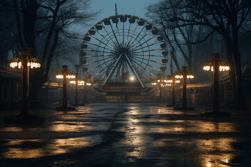 A spooky abandoned carnival with rusted rides made with generative AI