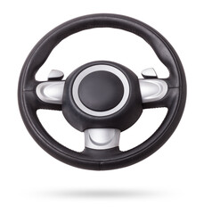 Steering wheel for car and truck isolated on white background. Automobile vehicle part or equipment. Round modern style consist of black leather and aluminum. For driver to driving control and tuning.