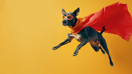 Costume-clad dog with red cape flying heroically against a plain yellow background, portraying comical courage