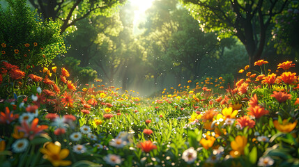 The sun casts a golden glow through a vibrant field of colorful flowers, illuminating nature's...