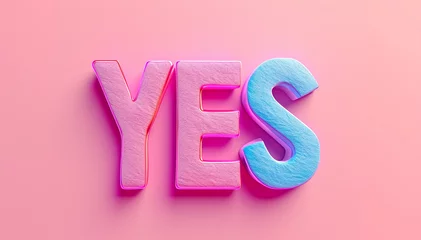 Gordijnen Word yes isolated on purple background. Closeup okay sign illustration. Puffy plush designed letters mockup. Positive answer. Stylish yes message text. Agreement flat lay word. Banner © ladyalex