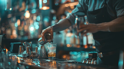 close up of a barman doing cocktail in the bar, barman in the pub, close up o a cocktail on the table