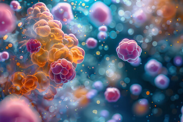Detailed 3D render of cancer cells in a dynamic cluster representing oncology and medical research. - obrazy, fototapety, plakaty