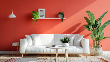 Empty living room with with sofa and green plants lamp table shelves on coral color wall background