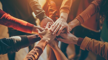 Dynamic Angle of Friends Putting Hands Together, Illuminated by Natural Lighting, with Space for Text.