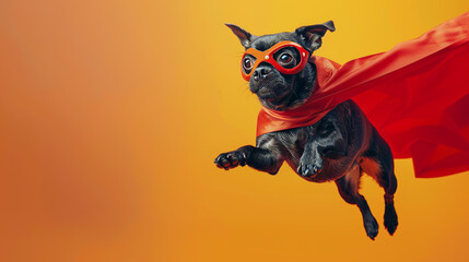 A comical pug flies heroically in a red cape and mask against a vibrant orange background