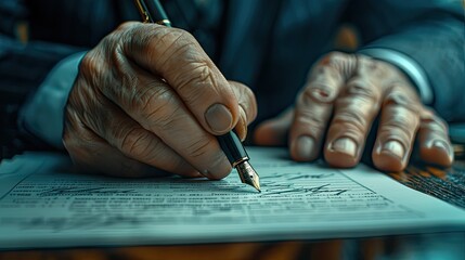 a businessman writing on paper with a pen, showcasing a close-up shot of his hand in action, with emphasis on his fingers gripping the pen and ample copy space within the frame for text