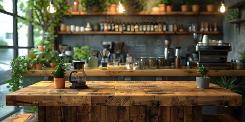 Utilizing an empty wooden table in a busy coffee shop for product display or mockup purposes. Concept Coffee Shop Setting, Product Display, Mockup Photography, Wooden Table Styling