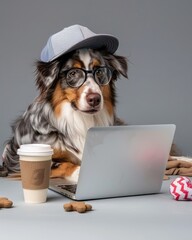 Australian Shepherd in pilot glasses and a baseball cap, browsing on a laptop, dog toys and coffee in sight