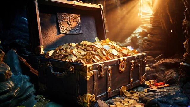 Old wooden treasure chest with gold coins in a hidden cave