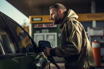 People visiting gas power station vehicle maintenance car spot stop filling gasoline Generative AI illustration