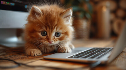 An adorable orange kitten with fluffy fur appears bewildered and curious as it gazes at a laptop screen on a wooden table - obrazy, fototapety, plakaty
