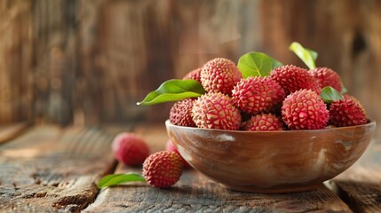 Fresh lychee in bowl on a wooden background