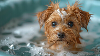A soaked little dog appears almost humorous with bubbles whimsically perched on its head during bath time - obrazy, fototapety, plakaty