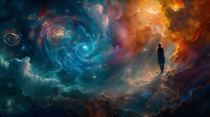 A swirling nebula fills a starry cosmos background - obrazy, fototapety, plakaty