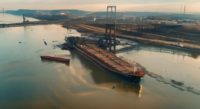 BALTIMORE, MD - Aerial of the Francis Scott Key Bridge in Baltimore after being struck by the cargo ship Dali