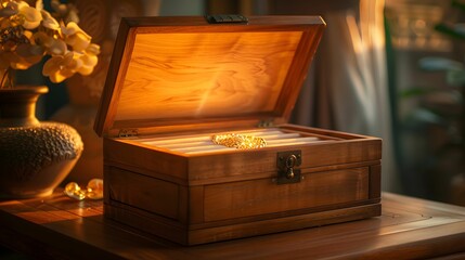 Treasure Box with Glowing Gold Jewelry - obrazy, fototapety, plakaty