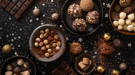 Delicious close-up of gourmet dark chocolate squares with whole hazelnuts, a perfect sweet snack or baking ingredient - obrazy, fototapety, plakaty