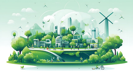 Sustainable eco community with smart and ecological life outline concept. Green and social responsible people with effective resource usage, recycling and clean power production vector illustration
