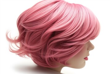 A vibrant pink bob wig with a smooth, glossy finish isolated on white