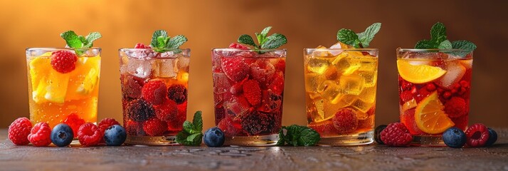 Set Different Refreshing Summer Beverages, Background HD, Illustrations