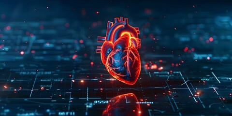 Photo of a hologram displaying key facts and tips for preventing heart disease emphasizing early detection and seeking medical help. Concept Heart Disease Awareness, Medical Tips, Hologram Display