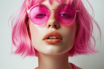 Fototapeta premium A woman with vibrant pink hair and matching sunglasses poses at studio
