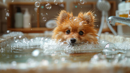 Adorable Pomeranian dog enjoying a bubbly bath, surrounded by rich lather and floating bubbles