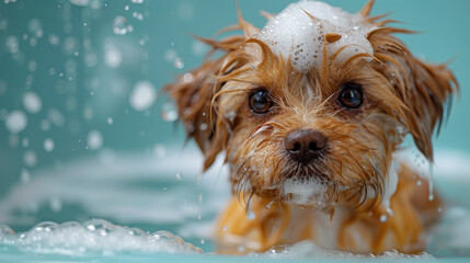 Cute Yorkshire Terrier looking pensive while taking a relaxing bubble bath