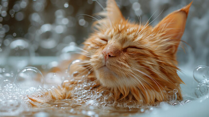 A serene ginger cat submersed in bubbles, the epitome of relaxation and ease in a bath
