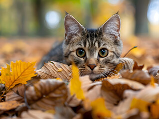 cat in autumn leaves