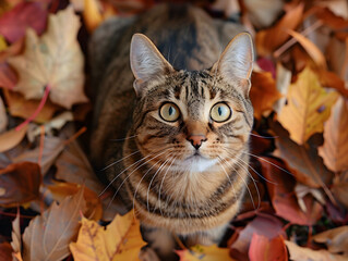 Cat sitting in the fallen leaves