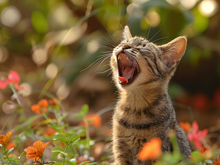 cat yawning in the flowers