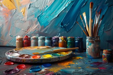 Glass jars, artistically arranged with paintbrushes and a blank canvas. - Powered by Adobe