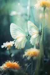 Photo sur Plexiglas Papillons en grunge Vintage grunge background with glowing butterflies and double exposure of white flowers