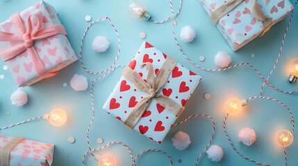 gift boxes in wrapping paper with heart pattern light bulb garland and soft pompons on isolated pastel blue background