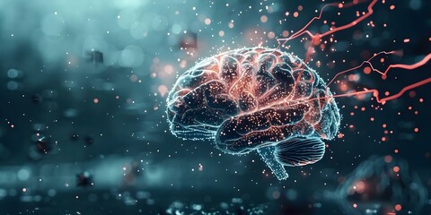 AI brain symbolizing big data processing technology data flow querying analysis mining and business analytics. Concept Big Data Analytics, Technology, Data Processing, Artificial Intelligence - obrazy, fototapety, plakaty