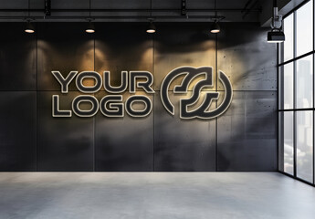 Glowing Logo Mockup On Black Office Wall. Generative Ai