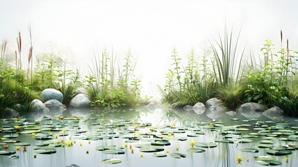 a serene tranquil pond ecosystem at dawn teeming with a diverse array of microscopic aquatic life forms - obrazy, fototapety, plakaty