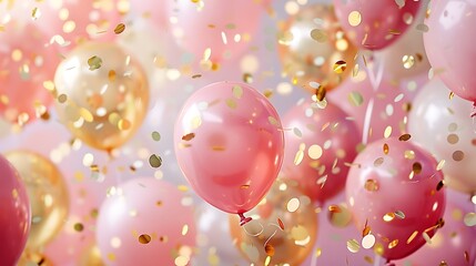glossy gold pastel colored balloons and confetti background