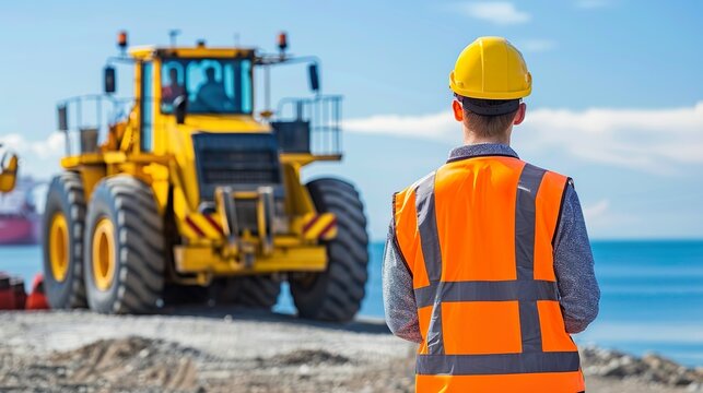 Jefe de obras supervisando la maquinaria y construcciones de una obra. Concepto de vida laboral. 