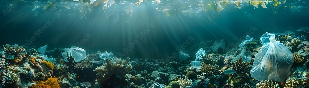 Sticker underwater coral reef enveloped in plastic pollution contrasting natural beauty