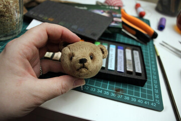 Needlework. Making a teddy bear. Sewing a plush toy. Work process. DIY