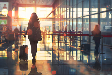 atmospheric photo of a woman at the airport, soft focus and bokeh, trip, travel, vacation concept.