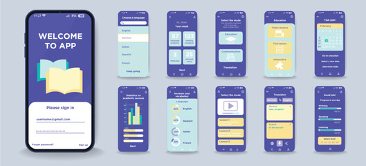 Concept of taxi service mobile app in flat design. Set of interface screens with user page, taxi booking, city navigation, online payment option and driver service rating. Vector Illustration.