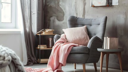 Gray easy armchair with pink scarf pillow and book next to bed in the bedroom - obrazy, fototapety, plakaty