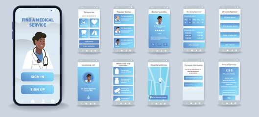 Concept of medicine app interface in flat design. Blue color scheme, convenient interface, selection of doctors, rating system, video call to the doctor. Vector Illustration.