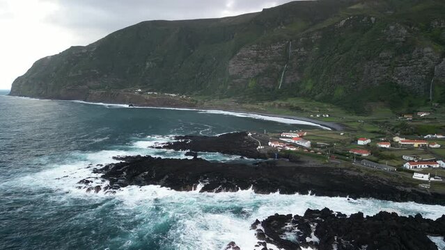 Aerial view of Cascata do Poco do Bacalhau, Faja Grande, Azores Islands, Portugal